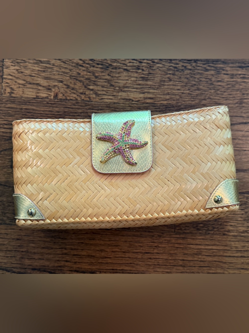 Woven Straw Wallet with Gold Starfish Accent